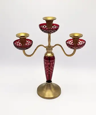 Buy Solid Brass & Cut Glass 3 Arm Candelabra Ruby Red Flash Colouring Vintage • 28.50£
