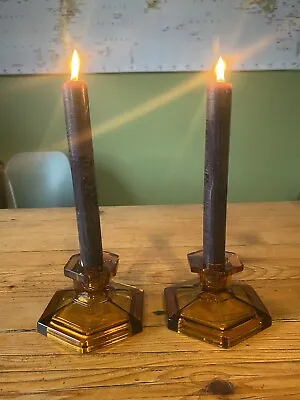 Buy Vintage Amber Glass Pair Of Candle Stick Holders , In Great Condition • 5.99£