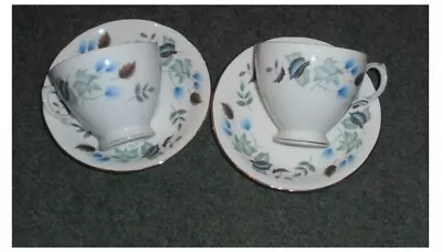 Buy 2 X COLCLOUGH LINDEN  CHINA CUPS & SAUCERS ~ BLUE FLOWERS & BROWN LEAVES • 9.75£