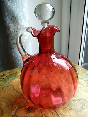 Buy Victorian Cranberry Glass Claret Jug, Clear Glass Handle & Stopper (minor Crack) • 18.99£