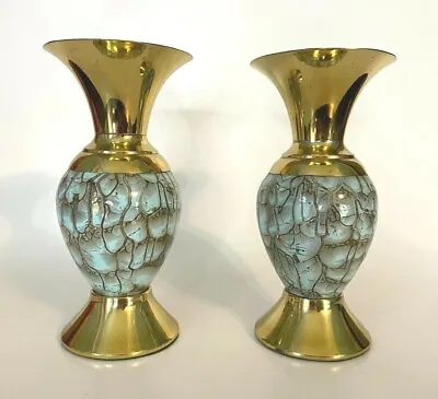 Buy Vintage MCM Delft Holland Turquoise Aqua Green Marbled Ceramic Brass Vase Pair • 28.44£