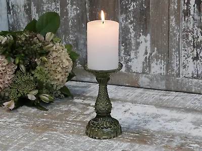 Buy Olive Green Glass Pillar Candle Holder - Glass Candlestick Dinner Taper • 27£