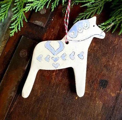 Buy Hand-made Nordic Swedish Dala Ceramic Horse Christmas Decoration - Country Blue • 5.99£