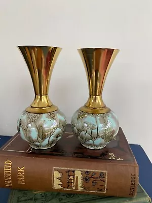 Buy Vintage Delft Holland Vases Brass Porcelain Marbled Blue Green 5.5 Inches • 28£