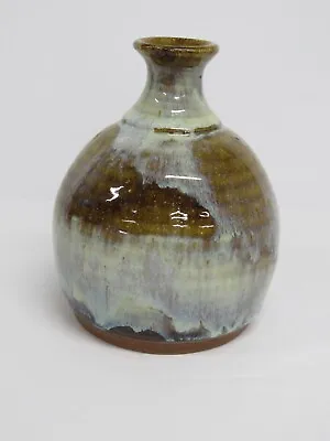Buy Steve Ashley Hand Thrown Art Pottery Vase Brown With Cream Blue Drip Glaze Vtg • 11.27£