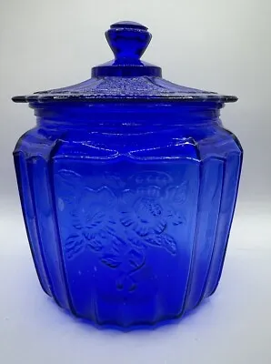 Buy Mayfair Open Rose Cobalt Blue Glass Bisquit Jar With Lid Depression Style • 21.93£