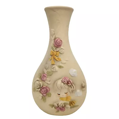 Buy Vintage Bud Vase 1960s Sweet Girl W Flowers In Relief Hand Painted UCTCI Japan • 17.65£