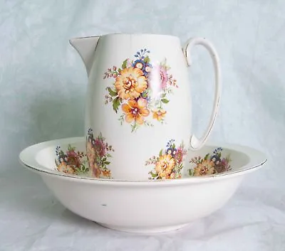 Buy Unbranded Floral Pattern Wash Bowl And Jug CRACKED • 29.95£