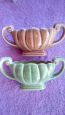 Buy 2 Twin Handle Wade Trophy Posy Vases Sage Green And Brown • 5.95£
