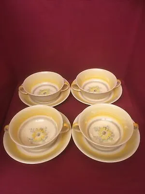 Buy Gray's Pottery Yellow Banded Hand Painted Handled Soup Bowls & Saucers X 4 • 15£