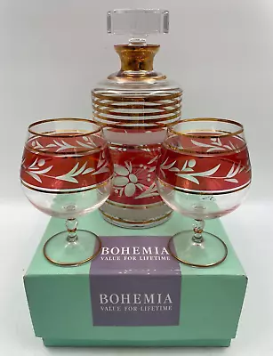 Buy Bohemia Decanter & 2 Glass Set Red Gold Stripe Etched Crystal Boxed T2682 C3678 • 19.99£