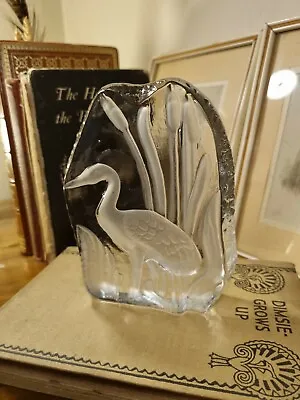 Buy Vintage Goebel German Crystal Etched Glass Paperweight Heron Stork Bullrushes • 14.99£