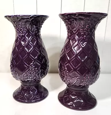 Buy LOT OF 2 Vintage Plum Purple Matching 8  Tall Vases / Raised Design Grape Vine • 18.96£