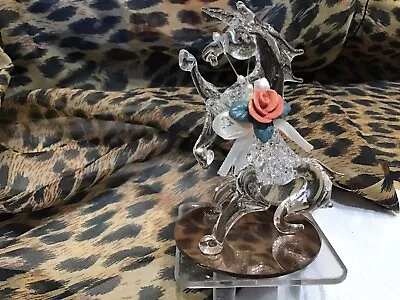 Buy Vntg..Glass Animal  Figurine Ornament UNICORN Horse On Mirror.. H-3.8  • 7.57£