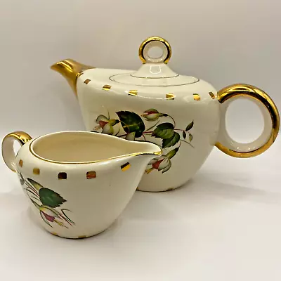 Buy Vtg Burslem Porcelain Floral Fuchsia Collectible Teapot & Creamer Grannycore • 36.50£