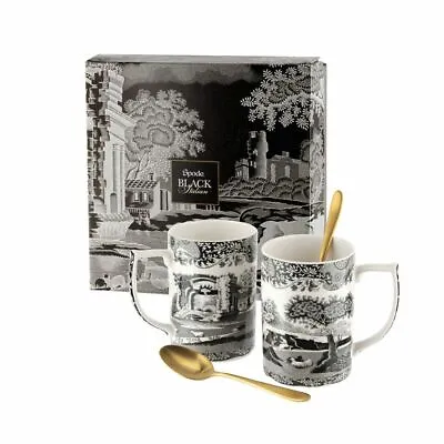 Buy Spode Black Italian Mugs With Spoons Set Of 2 - Limited Edition By Portmeirion • 47.95£
