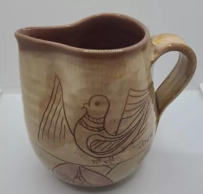 Buy Hand Crafted Art Pottery Handle Jug Signed Etched Bird Abstract Pinched Lip Jug  • 29.99£