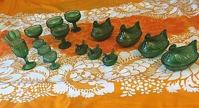 Buy   Vintage Green Glassware Chickens  Folk Art From Mexico 15 Pieces 1980's • 142.25£