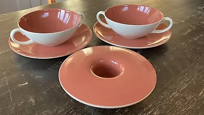 Buy Rare Poole Pottery Twintone Trio Of Soup Dishes With Saucers And Flower Vase • 20£