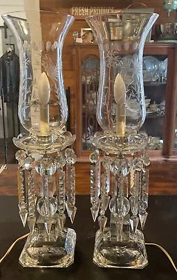 Buy Stunning Pair Antique Cut Crystal Glass Electrified Luster Lamps Leaf Etched • 391.88£