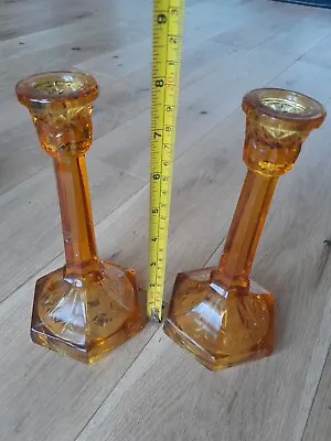 Buy Pair Tall Amber Glass Hexagonal Candlesticks Candle Holders Art Deco • 6.50£