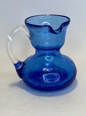 Buy Vintage Blue Crackle Glass Small Pitcher Vase Hand Blown Applied Handle • 13.51£