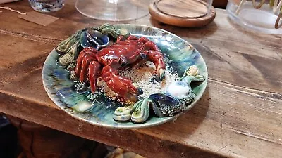 Buy Vintage Majolica Palissy Crab Wall Plate Portuguese Seafood Art  • 79.99£