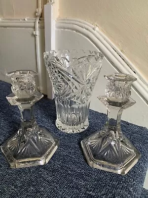 Buy A Pair Of Vintage Clear Glass 16 Cm Candle Sticks + 17 Cm Crystal Vase • 20£