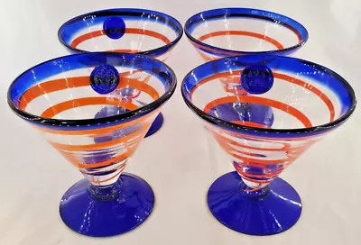 Buy 4 Kosta Boda Handblown Martini Margarita Glass Royal Caribbean Blue Orange Swirl • 30.34£