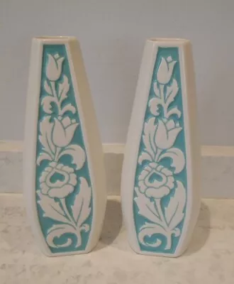 Buy Two Vintage HORNSEA Aqua Blue & White Patterned Vases • 14.99£
