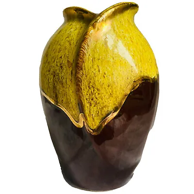 Buy Vintage Art Pottery Vase Tulip Style Drip Glaze Speckled Mustard Brown Gold 232 • 24.99£