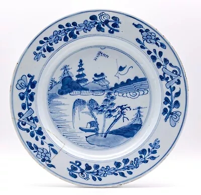 Buy OLD Chinese Blue & White Plate Pagoda Lake Porcelain Qing Kangxi (1662-1722) • 50£