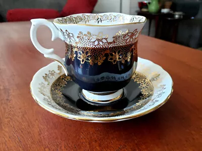 Buy Crown Staffordshire Bone China Cup & Saucer Black & Gold Pattern H107 C.1935-55 • 52.83£
