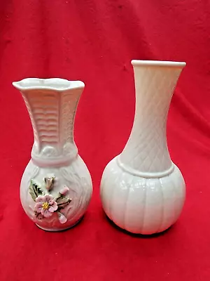 Buy BELLEEK Two Different Design Bud Vases Basket Weave Cream Coloured Green 5th • 11.99£