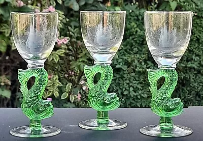 Buy 3 Vintage Czech Green Fish Stem Liqueur Glasses - All Perfect • 10£