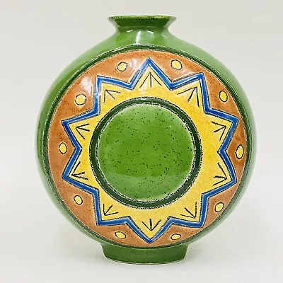 Buy VTG Artesa Ecuador Hand Painted SUN Yellow Green Blue Round Pottery Vase 7” • 18.85£