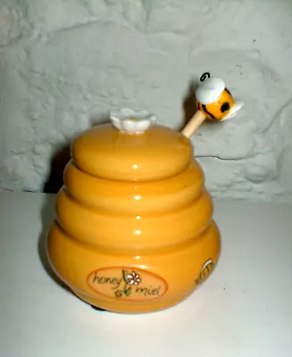 Buy Honey Miel Ceramic Honey Pot Jar Beehive W/ Lid & Wooden Bee Dipper Drizzler Vtg • 8.50£