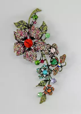 Buy Large 6  Multi Color Flower Scene On Stem Leaves And Butterfly Brooch Pendant • 23.67£