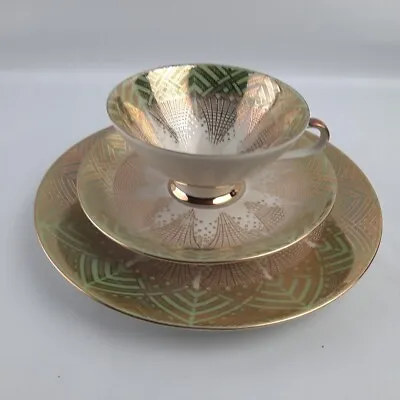 Buy Vintage MCM Bavaria Germany Porcelain Tea Cup Saucer & Plate 3 Piece Green Gold • 48.20£