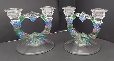 Buy VTG Indiana Glass Candle Holders Garland 2 Double Light Color Grapes & Vines Set • 33.78£