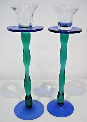 Buy Vintage Orrefors Or Holmegaard (Style) Blue, Green & Clear Glass Candlestick • 35£