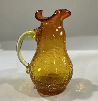 Buy Antique Crackle Glass Pitcher Vase Amber Pear Shaped With Amber Handle • 11.42£