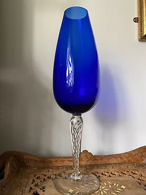 Buy Hand Blown Blue Twist Stemmed Wine Glass XL Cobalt Blue Art Vase • 15.99£