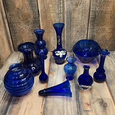 Buy Bundle Of 10 Vintage Cobalt Blue Glass Vase Lot: 10 Multi Shape Bottles • 45.23£