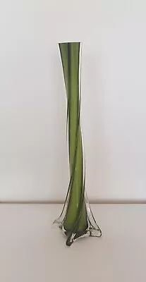 Buy Retro 1970's Vintage Tall Square Twisted Green Art Glass Vase • 12£