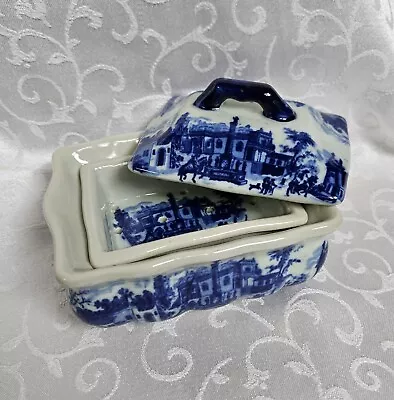 Buy Vintage Flow Blue Ironstone China 3 Piece Covered Soap Dish Victoria Ware • 42.18£