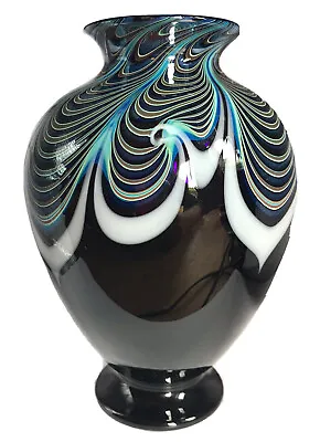 Buy Okra Glass Studio Blue Feathered Draped Iridescent Vase Signed Richard Golding • 150£