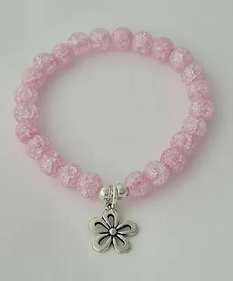 Buy Pink Crackle Glass 8mm Bead Bracelet Antique Silver Colour Flower Charm • 3.99£