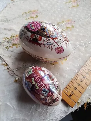 Buy Masons Chartreuse Pottery Egg Shaped Trinket Box Basket Pattern VGC X2 • 10£