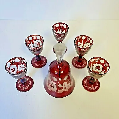 Buy Egermann Antique Ruby Red Bohemian Port Wine/Cordial Glasses 5 & Bell B4-48 • 64.41£